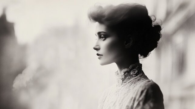 Fototapeta A vintage black-and-white photograph of an elegant woman in profile, with an intricate hairstyle and delicate makeup, standing against the backdrop of early-20th-century city streets.