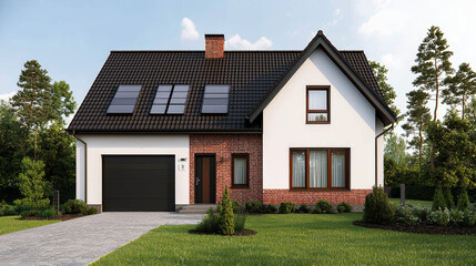 Modern house with solar panels and brick facade in lush setting