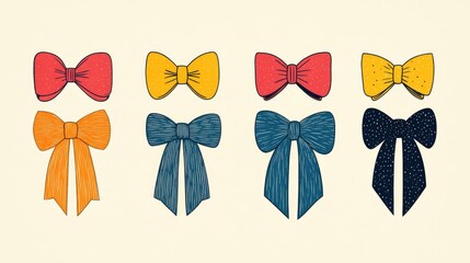Colorful Hand-Drawn Bow Illustrations Displayed in Assorted Styles and Designs Isolated on White.
