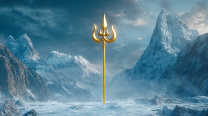 Golden trident symbol of god shiva against a of snowy mountains. Maha Shivaratri
