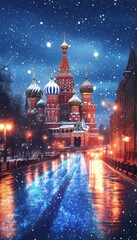 Obraz premium Snowy Night at Saint Basil s Cathedral, Moscow. Russia. Winter Wonderland Magic in Red Square