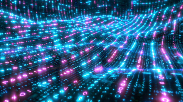 Pulsating wave of binary code moving through a futuristic