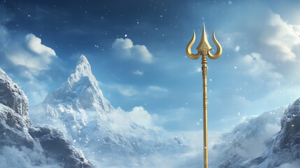 Golden trident symbol of god shiva against a of snowy mountains. Maha Shivaratri