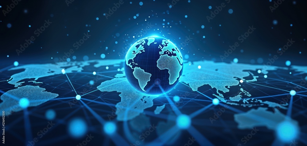 Poster Global network concept illustration shows earth globe with glowing blue lines connecting world map. Digital tech visualization displays global connectivity. Futuristic style represents internet of