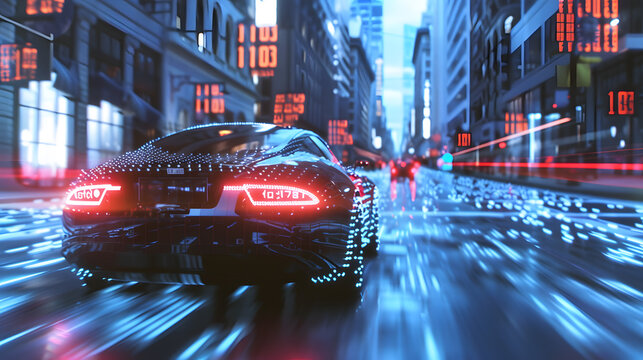 Self-driving car navigating a cityscape with binary