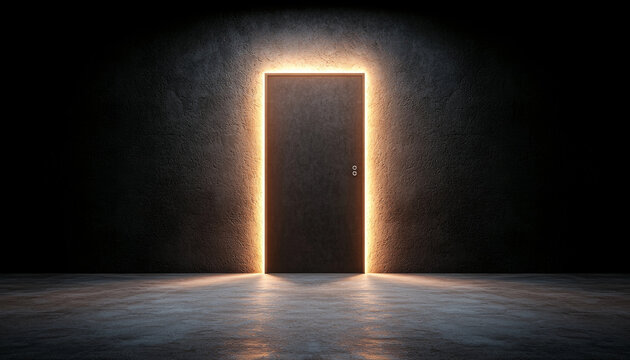 glowing door in dark room creates mysterious atmosphere
