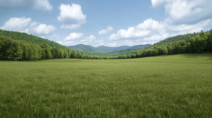 Fototapeta premium Lush green field with distant mountains under blue sky
