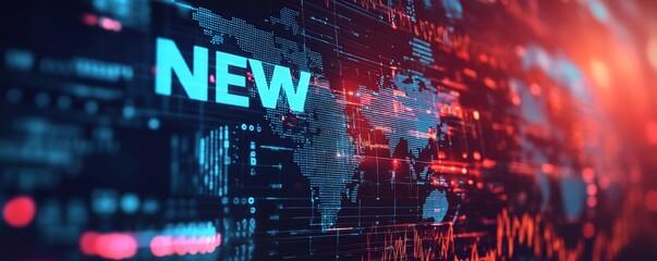 Obraz premium Global digital news concept with bold NEWS lettering overlaying a binary code matrix, world map, and financial graphs representing instant access to international information, Generative AI
