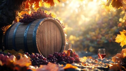 Autumn vineyard scene with wine barrel, grapes, bottle, and glass.