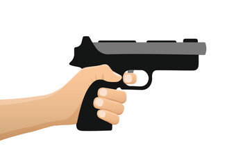 Hand holding pistol gun icon in flat style. Firearm symbol vector illustration on isolated background. Rifle ammo sign business concept.