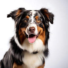 Fototapeta premium Aussiedor: A Playful Blend of Australian Shepherd and Labrador Retriever, Showcasing a Sleek Coat, Expressive Eyes, and Energetic Stance Against a Crisp, Seamless White Background.