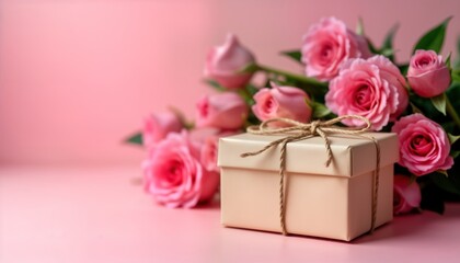 Pink roses, beige gift box on pink background. Perfect Mothers Day gift. Romantic gesture. Celebrating mom. Appreciation for mothers love. Floral arrangement, present together. Surprise for mom.