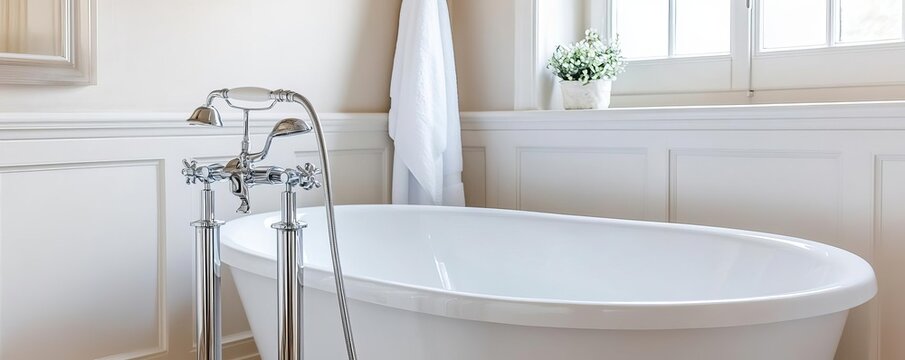 Freestanding chrome faucet paired with a standalone tub, creating a spa-like atmosphere