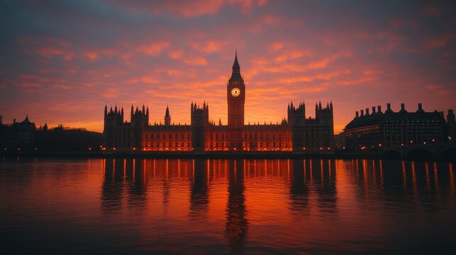 Gothic Architecture of the Palace of Westminster with Big Ben at Sunset, London, England. - Powered by Adobe