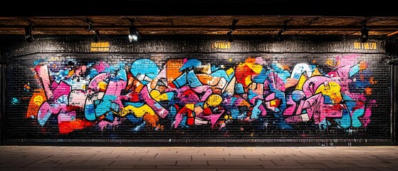 Colorful graffiti mural on a brick wall under lights. Stock photo use