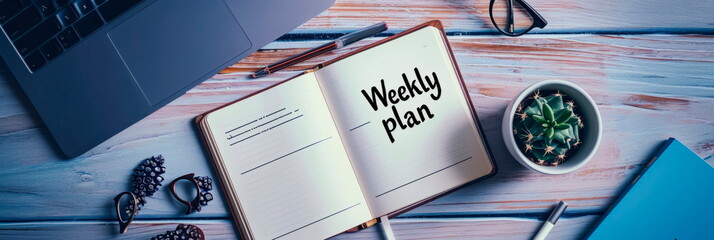 open diary on table with writing surrounded by open laptop, glasses, pen, potted cactus and cup of coffee sign with the inscription Weekly plan . Generative AI