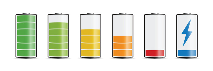 Realistic alkaline battery set icon in flat style. Different size accumulator vector illustration on isolated background. Accumulator recharge sign business concept.