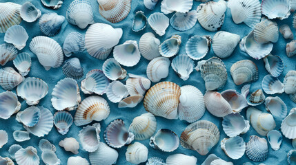 A solid blue background formed by thousands of tiny seashells, macro view