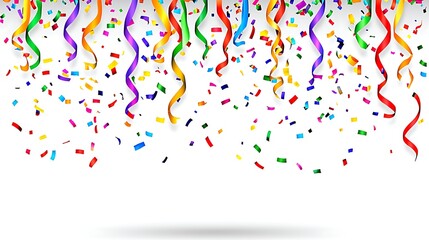 Colorful ribbons and confetti falling on white background