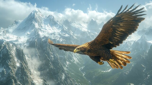 Majestic golden eagle soars over a breathtaking snow capped mountain range