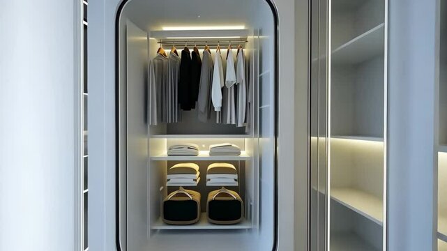 Explore a sleek and chic laundry area featuring a futuristic garment care unit.