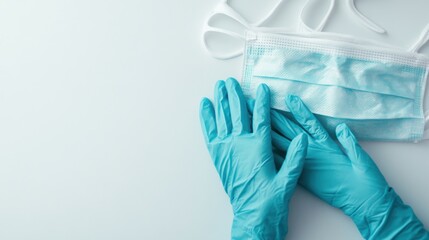 A close-up of a medical face mask and gloves on a white surface, Minimalist style, photo of