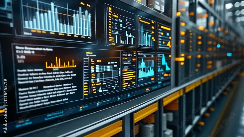 Poster high-tech data center with server racks and analytics displays at peak operation