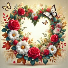 Fototapeta premium Floral heart-shaped wreath with red roses and daisies, Valentine background