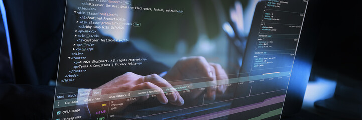Fictional interface elements highlighted in virtual space, showcasing collaborative debugging process within innovative virtual environments. Concept of IT solutions, applications, programming. Ad