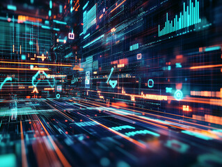 Futuristic Digital Cityscape: Data Streams in Motion