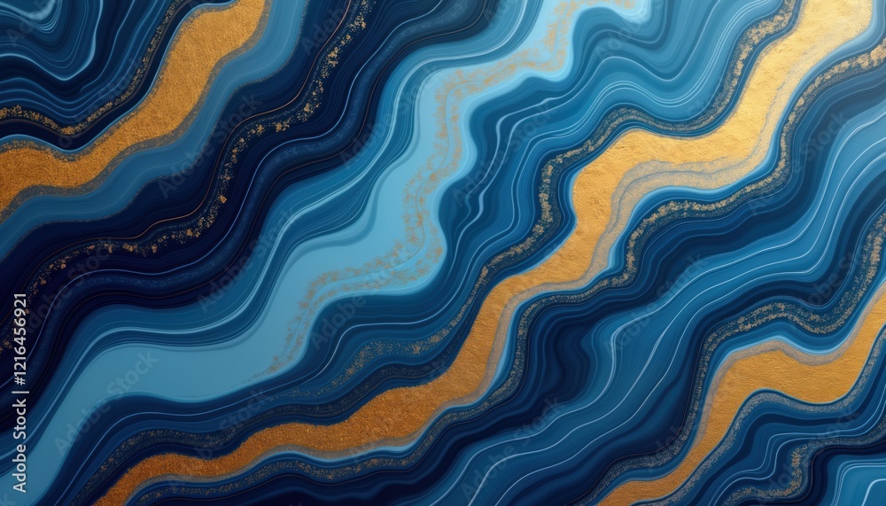 Poster abstract illustration with elegant blue, gold marble design. fluid waves of color create luxurious, 