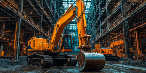 Autonomous Construction Equipment in Industrial Warehouse Setting Showcasing Innovation and Safety Features