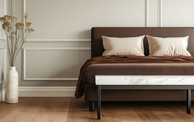 3D rendering of a luxury bedroom interior with a brown bed and a white marble bench, minimalist style, light gray walls, soft lighting, and elegant decor