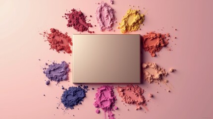 A blank eyeshadow palette box mock-up, surrounded by brushes and vibrant powders 3d illustration brand mock-up template. 