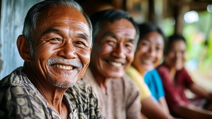 Fototapeta premium Smiling Elderly Man With Friends in the Background