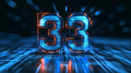 Glowing blue and orange digital 3D number 33 on a futuristic abstract technology background.