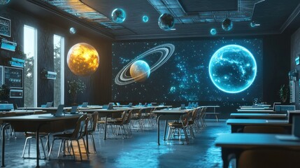 Naklejka premium Futuristic Classroom: A Celestial Learning Environment