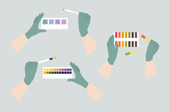 Reagent test strips. Scientist's hand in glove holding test strip, analysis. pH indicator, litmus paper, dipstick. Vector flat cartoon illustration