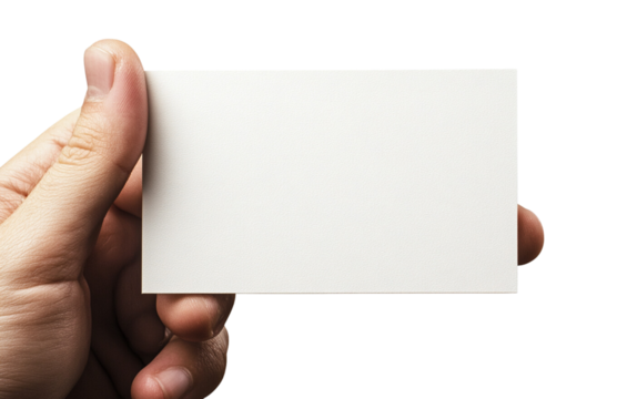 Hand holding a blank business card isolated on a transparent background, cutout PNG file