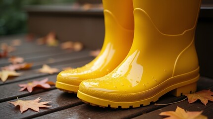 A close-up of yellow rain boots placed on a wooden porch, with raindrops glistening on the surface. 
