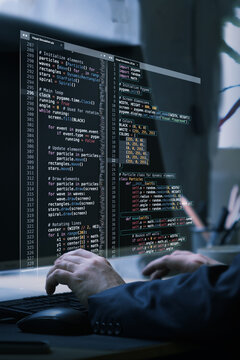 Virtual workspace showcasing fictional code, emphasizing innovation, adaptability, and creative process in technologically advanced environment. Concept of IT solutions, applications, digital. Ad