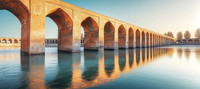 Historic bridge with arches reflecting in the water on the Zayanderud river, Isfahan, Iran