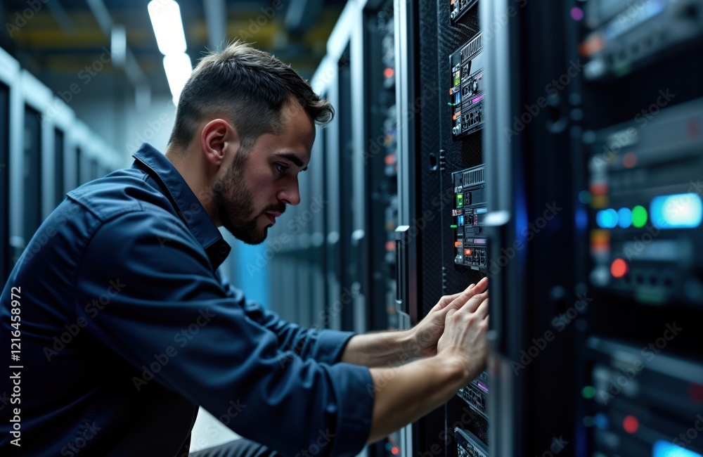 Poster Male tech specialist maintains server equipment in data center. Focuses on server infrastructure, optimal performance. Works in dark server room with many server racks, network equipment. Makes sure