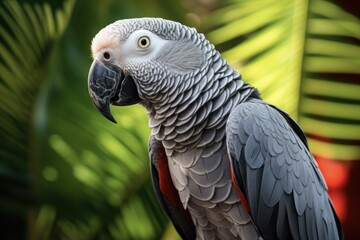 Obraz premium Stunning African Gray Parrot with White Feathered Bird and Red Accents in Tropical Setting. Perfect Imitation of this Majestic Creature