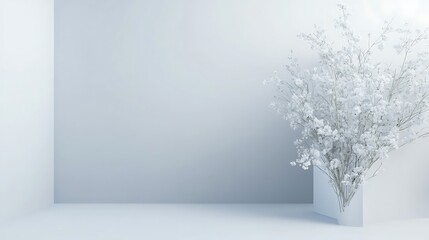 White flowers in a minimalist white room setting