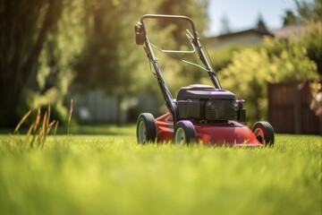 Sunny Lawn Mowing In The Garden During Spring. Selective Focus On Grass With Soft Background Blur