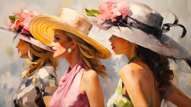 Stylish Women's Derby Hats at Horserace. Fashionable Headwear for Steeplechase Event