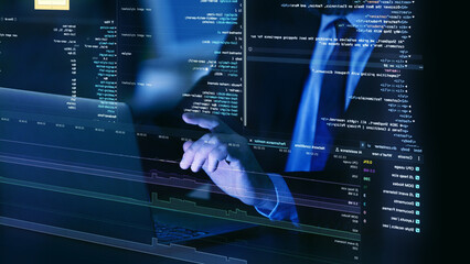 Close-up of hands on laptop keyboard, surrounded by floating, translucent layers of fictional code, representing virtual programming and system diagnostics. Concept of applications, engineering.