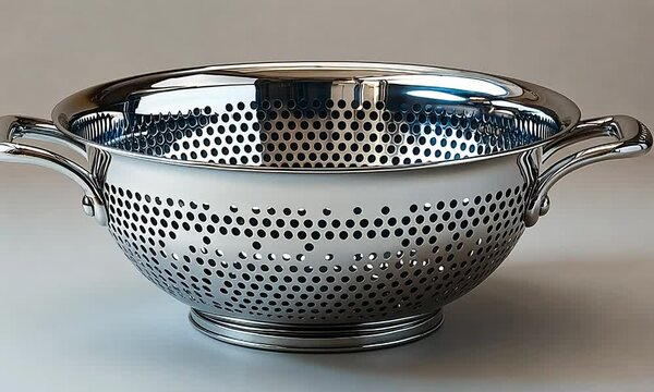 Shiny stainless steel colander with perforated design, showcasing kitchenware elegance and utility