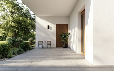 3D rendering of a modern house entrance with a garden and dining area. The design features a white concrete wall, a minimalist style, a dark charcoal gray color theme, natural lighting